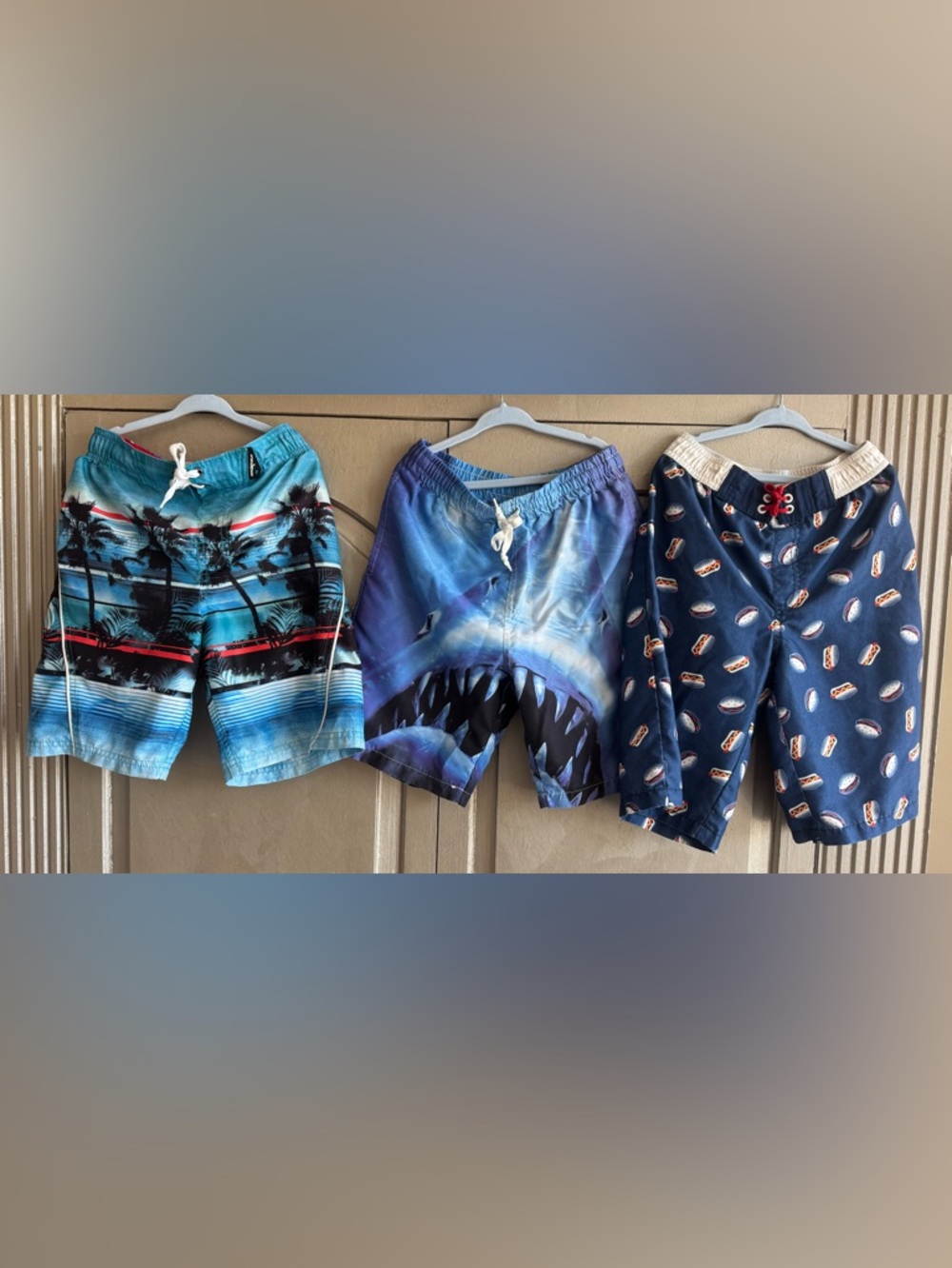 Size 7, 8, 10/12 Set of 3 Boys Swim Trunks:Tropical, Shark, hot dogs hamburgers
